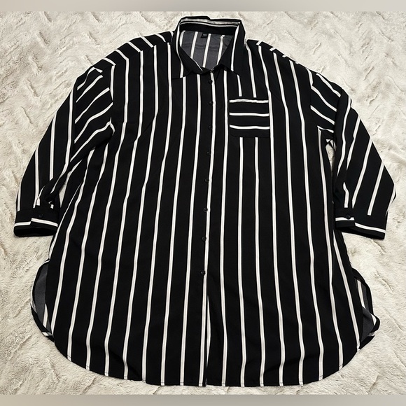 SHEIN Curve Black and White Striped Long Sleeve Button Down T-Shirt Dress - Picture 5 of 12